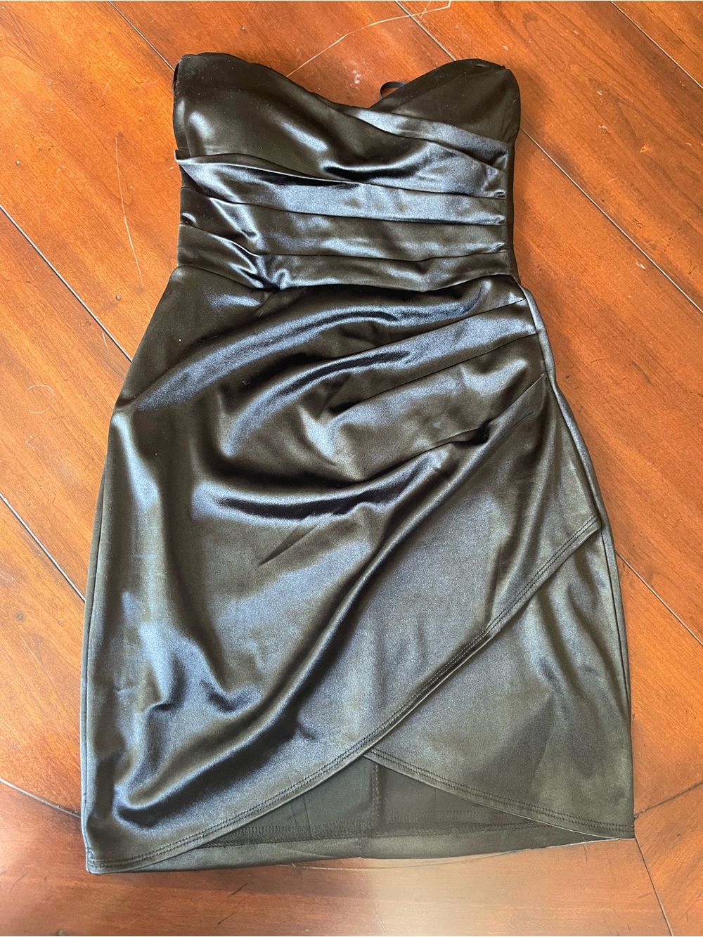 Windsor Strapless Black Satin Ruched Cocktail Dress